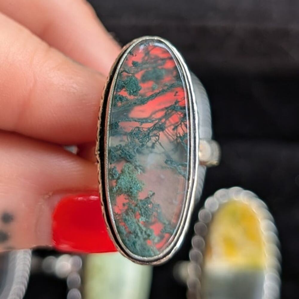 Green Moss Agate Boho Statement Ring Oval Silver Vintage Groovy Southwest 7.75